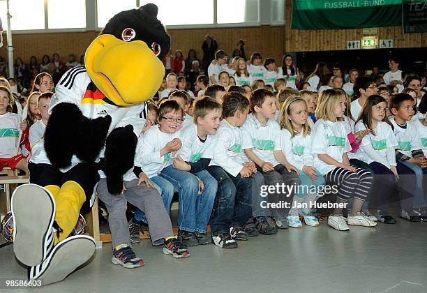 German Football Association mascot Paule visits the primary school Jim Knopf Woelfersheim on April 21, 2010 in Bad Nauheim, Germany.