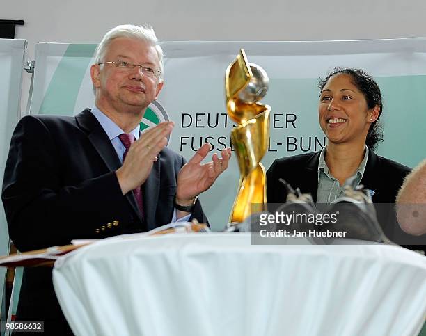 Roland Koch, Prime Minister of Hesse and President of the Organising Committee Germany of the FIFA Women's World Cup 2011 Steffi Jones during a visit...