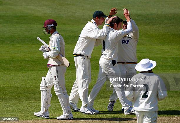 Stuart Broad of Nottinghamshire congratulates Paul Franks after he dismissed Zander De Bruyn of Somerset during day one of the LV County Championship...