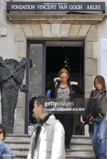 People exit the Van Gogh Foundation in Arles, southern France on April 21, 2010. The Aix-en-Provence appeal court is to issue a ruling on April 22 in...