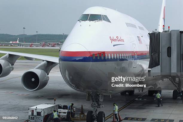 Malaysia Airlines flight MH001s arrives from Frankfurt at Kuala Lumpur International Airport, in Kuala Lumpur, Malaysia, on Wednesday, April 21,...