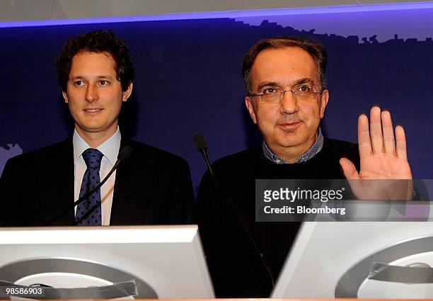 John Elkann, incoming chairman of Fiat SpA, left, and Sergio Marchionne, chief executive officer of Fiat SpA, arrive for a Fiat SpA Investor's Day...