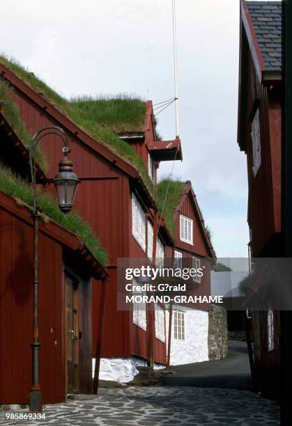 Maisons anciennes aux toits végétalisés sur la presqu'île de Tinganes dans les Iles Féroé au Danemark.