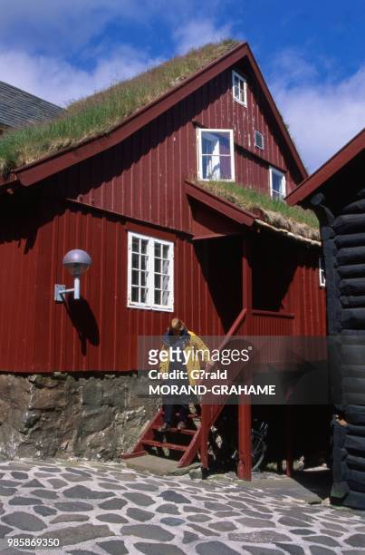Maisons anciennes aux toits végétalisés sur la presqu'île de Tinganes dans les Iles Féroé au Danemark.