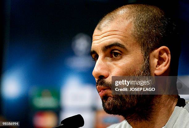 Barcelona's coach Josep Guardiola attends a press conference on the eve of his team's UEFA Champions League football match against Arsenal at New...