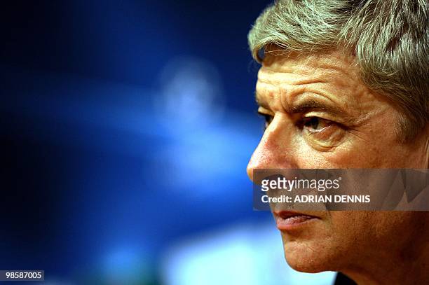 Arsenal's French Manager Arsene Wenger looks on during a press conference at Camp Nou stadium in Barcelona on April 5, 2010. Arsenal plays Barcelona...