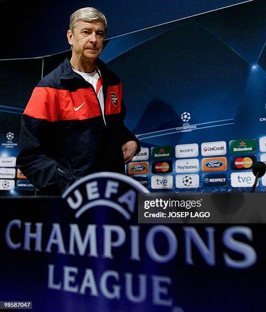 Arsenal French coach Arsene Wenger attends a press conference on the eve of his team's UEFA Champions League football match against FC Barcelona at...