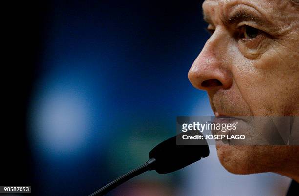 Arsenal French coach Arsene Wenger attends a press conference on the eve of his team's UEFA Champions League football match against FC Barcelona at...