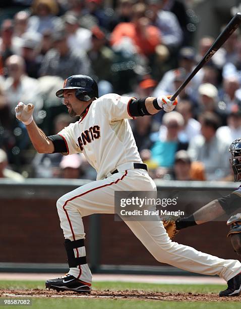 Mark DeRosa of the San Francisco Giants bats during the game between the Pittsburgh Pirates and the San Francisco Giants on Wednesday, April 14 at...