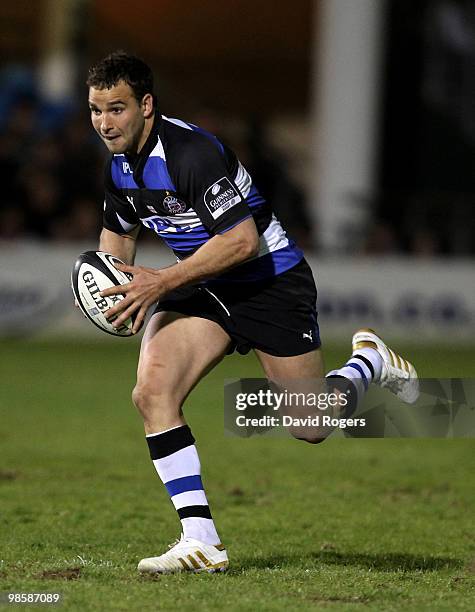 Olly Barkley of Bath runs with the ball during the Guinness Premiership match between Bath and Northampton Saints at the Recreation Ground on April...