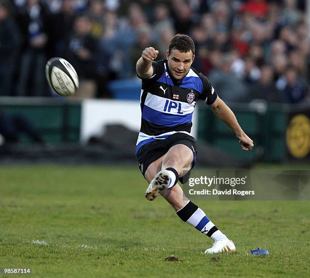 Olly Barkley of Bath kicks a penalty during the Guinness Premiership match between Bath and Northampton Saints at the Recreation Ground on April 20,...