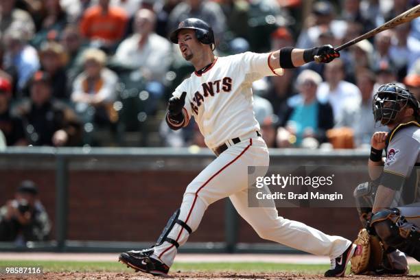 Aaron Rowand of the San Francisco Giants hits a home run during the game between the Pittsburgh Pirates and the San Francisco Giants on Wednesday,...