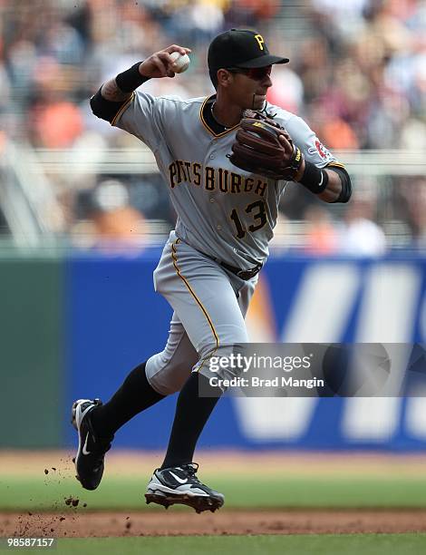 Ronny Cedeno of the Pittsburgh Pirates makes a play at shortstop during the game between the Pittsburgh Pirates and the San Francisco Giants on...