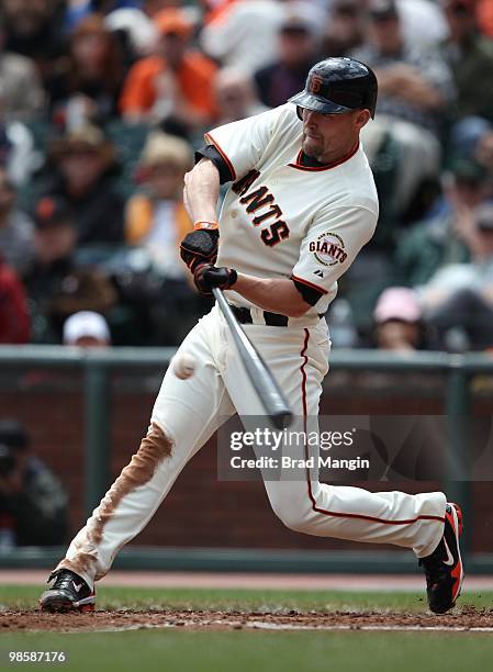 Aubrey Huff of the San Francisco Giants bats during the game between the Pittsburgh Pirates and the San Francisco Giants on Wednesday, April 14 at...