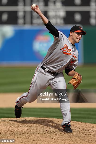 Jim Johnson of the Baltimore Orioles pitches during the game between the Baltimore Orioles and the Oakland Athletics on Saturday, April 17 at the...