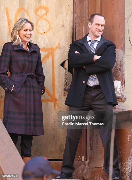 Sharon Stone and Chris Meloni are seen working on the set of the NBC TV Show "Law and Order SVU" in Harlem on March 17, 2010 in New York, New York.