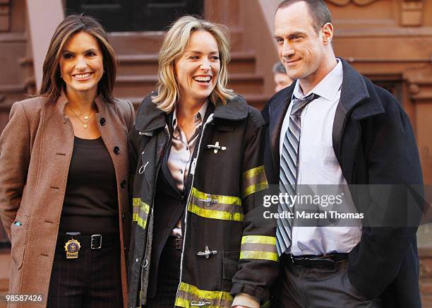 Mariska Hargitay, Sharon Stone and Chris Meloni are seen working on the set of the NBC TV Show "Law and Order SVU" in Harlem on March 17, 2010 in New...