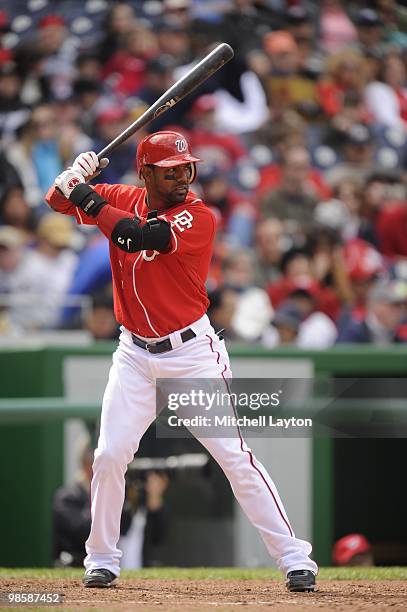 Willy Taveras of the Washington Nationals prpeares to take a swing during a baseball game against the Milwaukee Brewers on April 18, 2010 at...