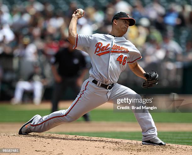 Jeremy Guthrie of the Baltimore Orioles pitches during the game between the Baltimore Orioles and the Oakland Athletics on Saturday, April 17 at the...