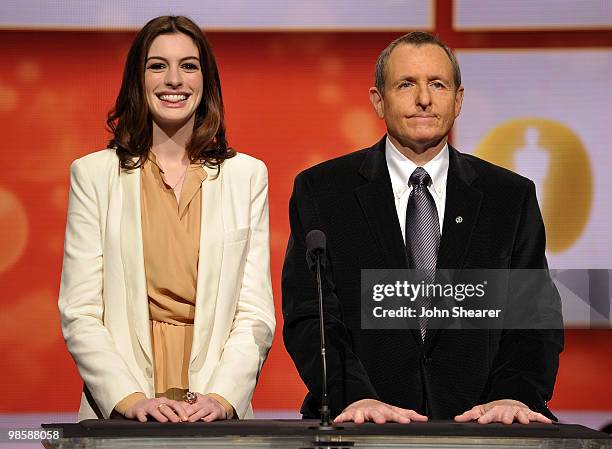 Actress Anne Hathaway and Academy of Motion Picture Arts and Sciences President Tom Sherak speak at the 82nd Academy Awards nominations announcement...