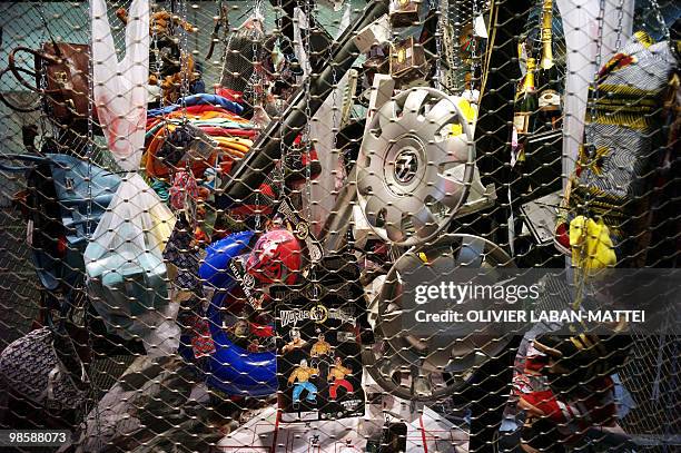 Counterfeit items seized by French customs are shown on April 21, 2010 during an exhibition on counterfeiting at the Cite des Sciences et de...