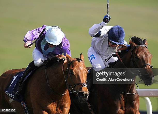 Jimmy Fortune on Dreamspeed on their way to winning The Investec Derby Trial from Hayley Turner on Prompter at Epsom racecourse on April 21, 2010 in...