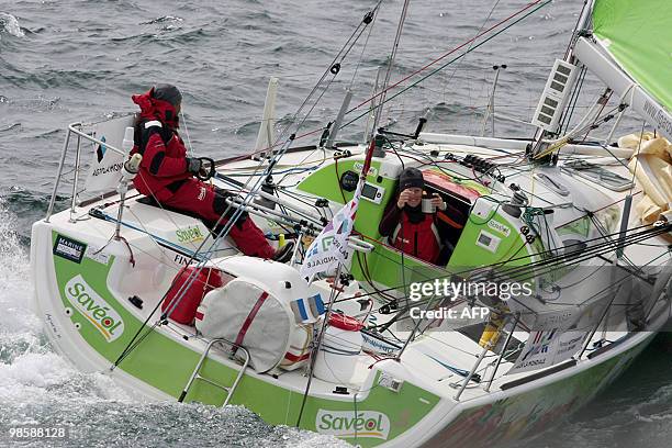 Skippers Samantha Davies and Romain Attanasio sail off Spain's coast on their "Saveol" monohull on April 20 during the AG2R LA MONDIALE sailing race...