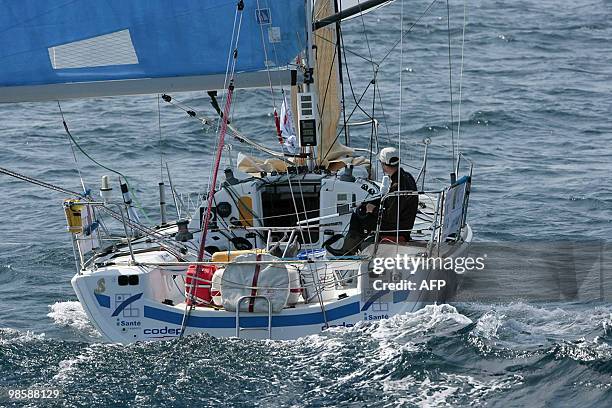 French skippers Christophe Rateau and Sylvain Pontu sail off French's coast on their "iSanté" monohull on April 19 during the AG2R LA MONDIALE...