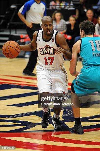 John Williams of the Bakersfield Jam dribbles against Kirk Penney of the Sioux Falls Skyforce during the D-League game on April 2, 2010 at...