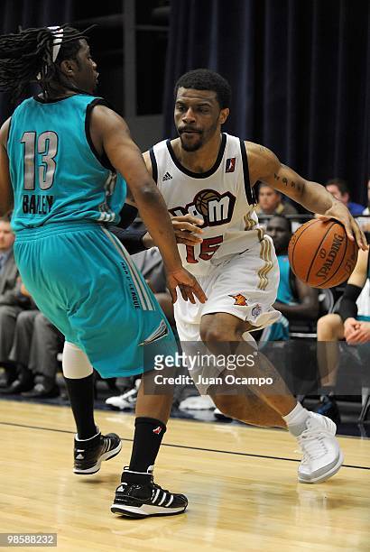 Trey Johnson of the Bakersfield Jam dribbles against David Bailey of the Sioux Falls Skyforce during the D-League game on April 2, 2010 at...