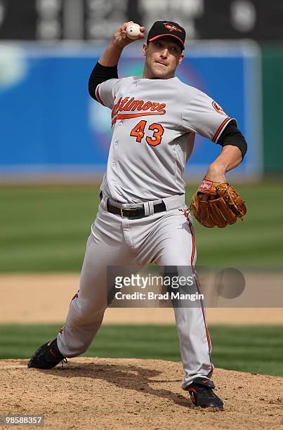 Jim Johnson of the Baltimore Orioles pitches during the game between the Baltimore Orioles and the Oakland Athletics on Saturday, April 17 at the...