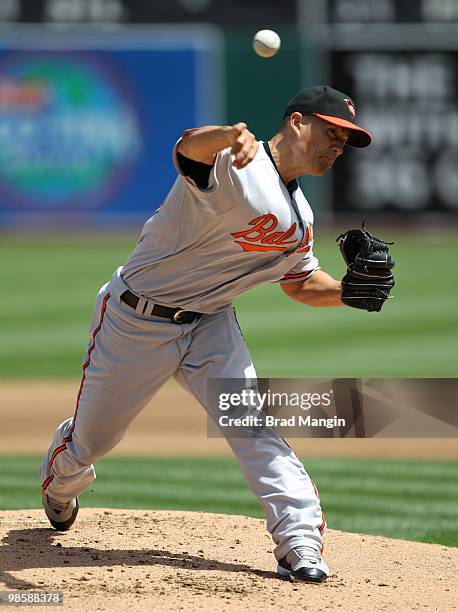 Jeremy Guthrie of the Baltimore Orioles pitches during the game between the Baltimore Orioles and the Oakland Athletics on Saturday, April 17 at the...