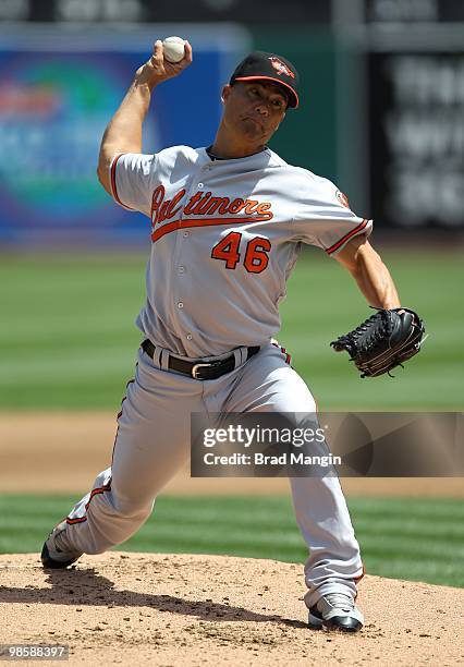 Jeremy Guthrie of the Baltimore Orioles pitches during the game between the Baltimore Orioles and the Oakland Athletics on Saturday, April 17 at the...