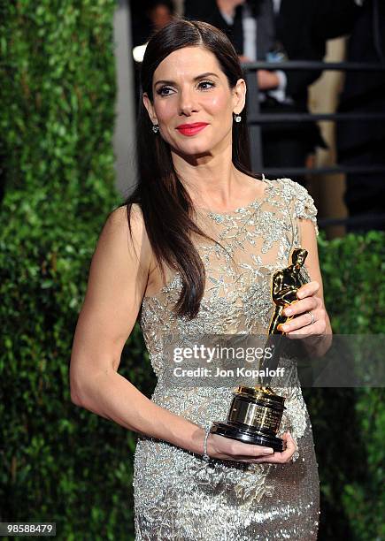 Actress Sandra Bullock arrives at the 2010 Vanity Fair Oscar Party held at Sunset Tower on March 7, 2010 in West Hollywood, California.