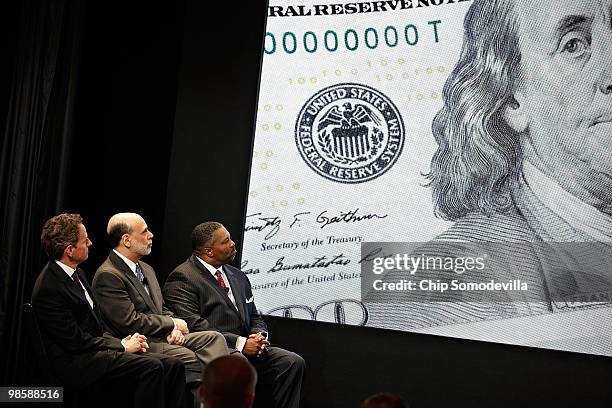 Treasury Secertary Timothy Geithner, Federal Reserve Chairman Ben Bernanke and U.S. Secret Service Deputy Director Keith Prewitt attend the unveiling...