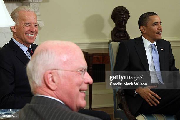 President Barack Obama and Vice President Joseph Biden meet with Judiciary Committee Chairman Sen. Patrick Leahy in The Oval Office at the White...