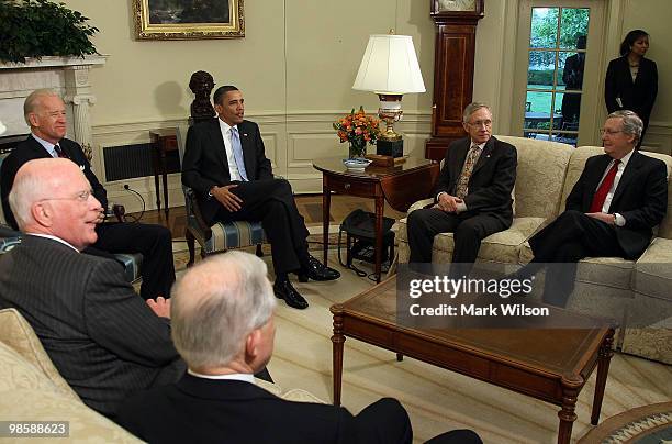 President Barack Obama and Vice President Joseph Biden meet with meet with Sen. Patrick Leahy , Sen. Jeff Sessions , Senate Majority Leader Harry...