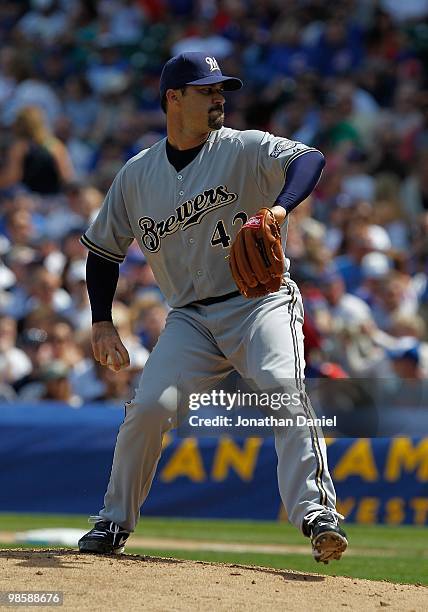 Starting pitcher Jeff Suppan of the Milwaukee Brewers, wearing a number 42 jersey in honor of Jackie Robinson, delivers the ball against the Chicago...