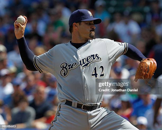 Starting pitcher Jeff Suppan of the Milwaukee Brewers, wearing a number 42 jersey in honor of Jackie Robinson, delivers the ball against the Chicago...