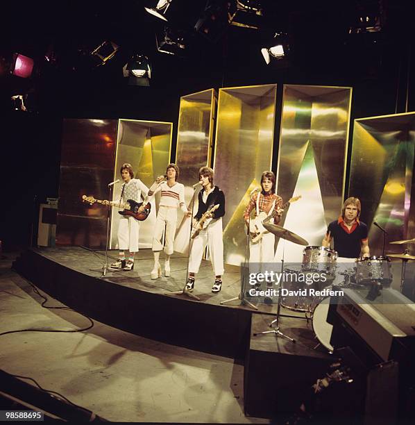 Alan Longmuir, Les McKeown, Eric Faulkner, Stuart Wood and Derek Longmuir of the Bay City Rollers perform on the BBC television show 'Top of the...