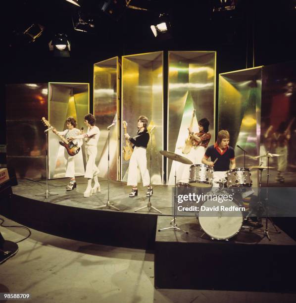 Alan Longmuir, Les McKeown, Eric Faulkner, Stuart Wood and Derek Longmuir of the Bay City Rollers perform on the BBC television show 'Top of the...