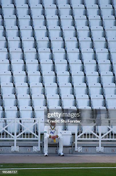 Notts bowler Paul Franks takes a break during day one of the LV County Championship Division one match between Nottinghamshire and Somerset at Trent...