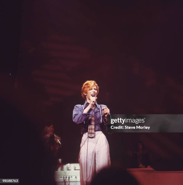 Singer David Bowie performs on stage at the Radio City Music Hall in New York City during the Philly Dogs tour in October 1974.
