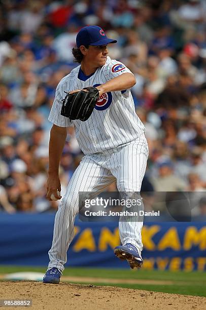 Jeff Samardzija of the Chicago Cubs, wearing a number 42 jersey in honor of Jackie Robinson, delivers the ball against the Milwaukee Brewers at...