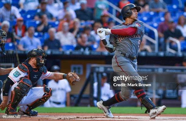 Jon Jay of the Arizona Diamondbacks in action during the game against the Miami Marlins at Marlins Park on June 25, 2018 in Miami, Florida.