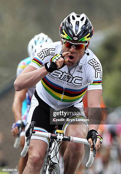 Cadel Evans of Australia and BMC Racing crosses the finish line to win during the 74th Fleche Wallonne Race on April 21, 2010 in Huy, Belgium.