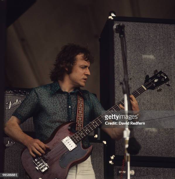 Scottish singer, bass guitarist and musician Jack Bruce performs live on stage playing a Gibson EB0 bass guitar with Tony Williams and Lifetime at...