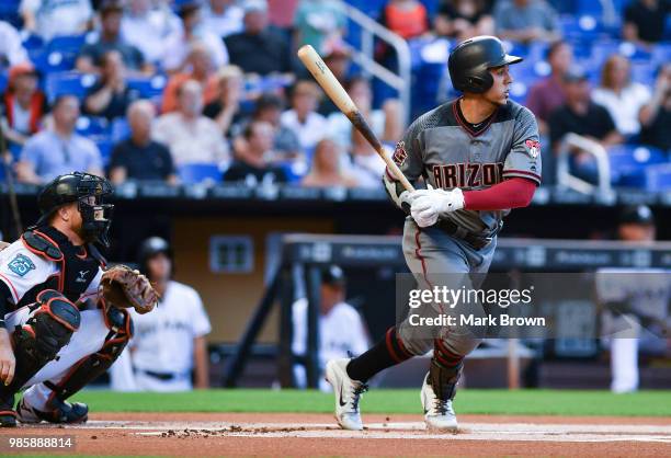 Jon Jay of the Arizona Diamondbacks in action during the game against the Miami Marlins at Marlins Park on June 25, 2018 in Miami, Florida.