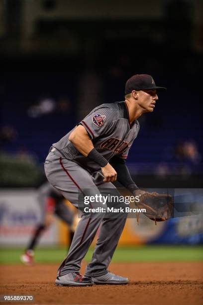 Jake Lamb of the Arizona Diamondbacks in action during the game against the Miami Marlins at Marlins Park on June 25, 2018 in Miami, Florida.