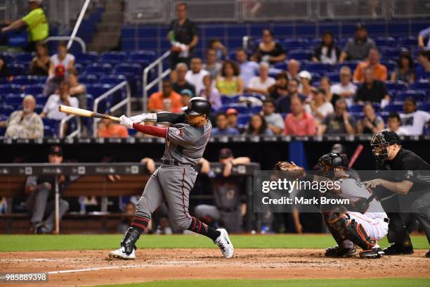 Jon Jay of the Arizona Diamondbacks in action during the game against the Miami Marlins at Marlins Park on June 25, 2018 in Miami, Florida.